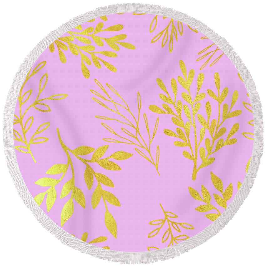 Botanical Leaves Round Beach Towel featuring the painting Golden Leaves on pale lilac botanical pattern by Tina Lavoie