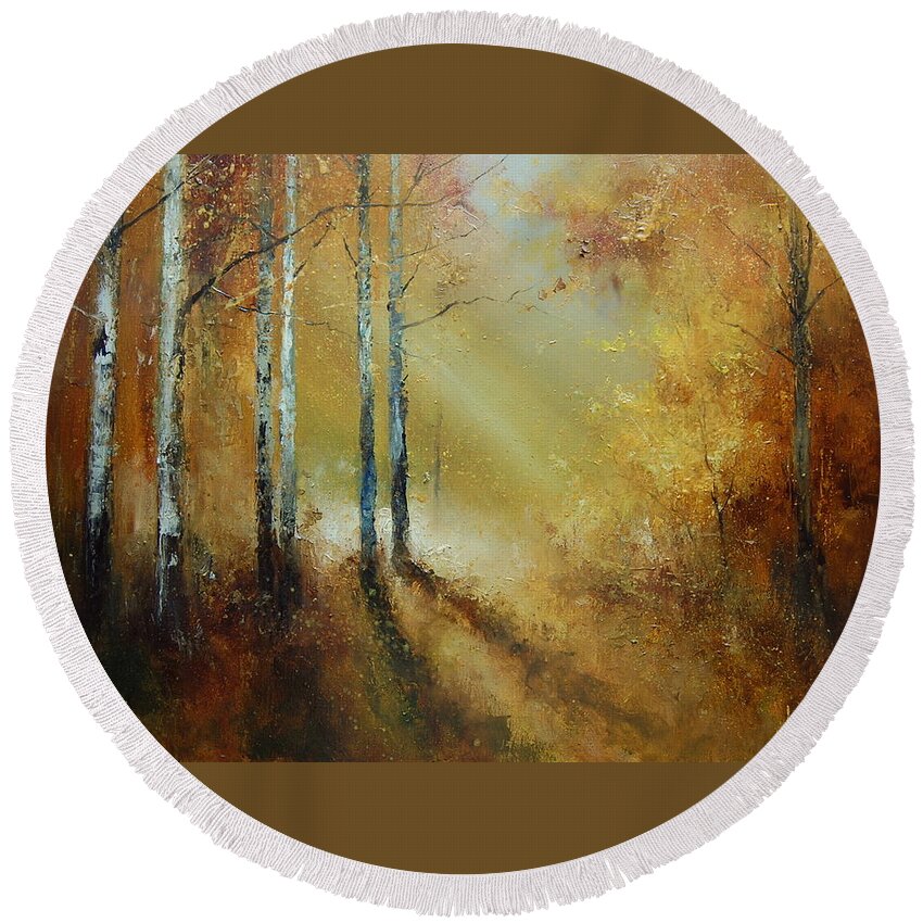 Russian Artists New Wave Round Beach Towel featuring the painting Golden Light in Autumn Woods by Igor Medvedev