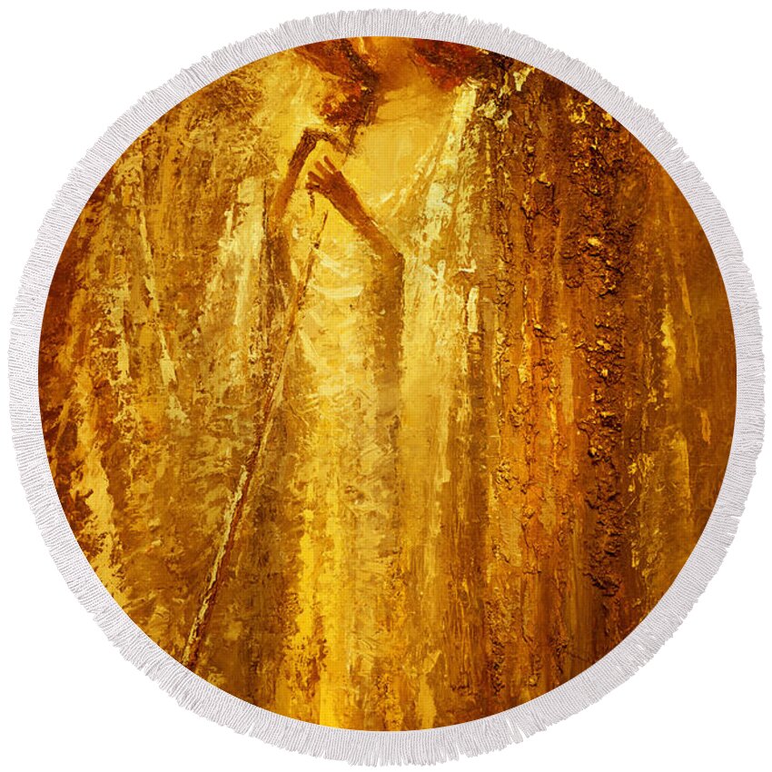 Angel Round Beach Towel featuring the painting Golden Light of Angel by Valentina Kondrashova