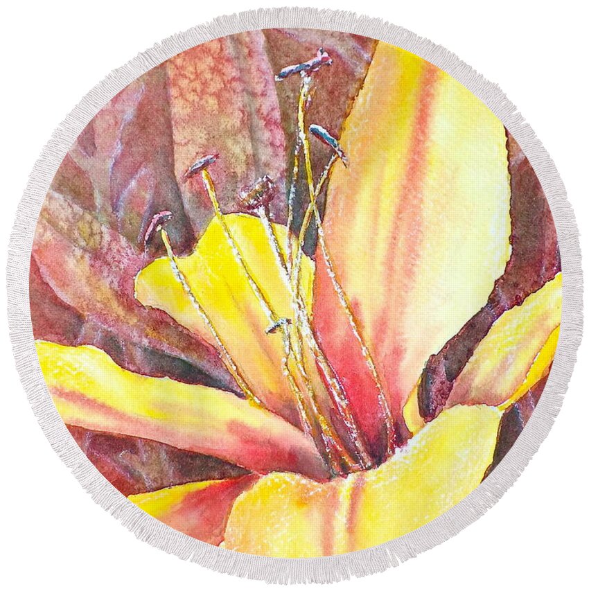 Watercolor Round Beach Towel featuring the photograph Golden Lily by Carolyn Rosenberger