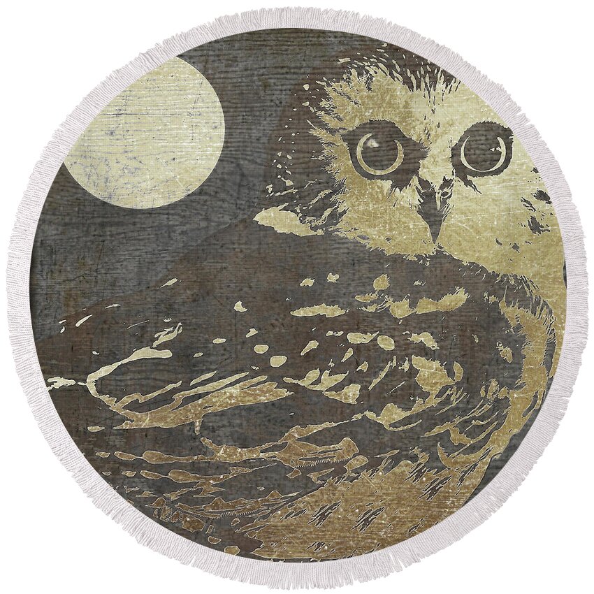 Owl Round Beach Towel featuring the painting Golden Owl by Mindy Sommers
