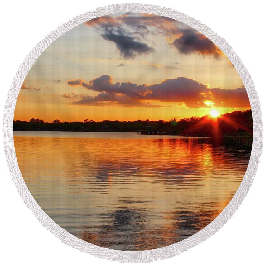 Sunset Round Beach Towel featuring the photograph Golden Rays by Linda James