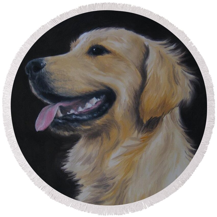 Noewi Round Beach Towel featuring the painting Golden Retriever Nr. 3 by Jindra Noewi