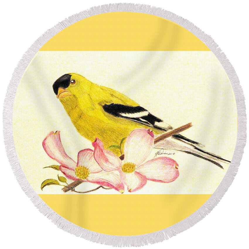 Goldfinches Round Beach Towel featuring the drawing Goldfinch Spring by Angela Davies