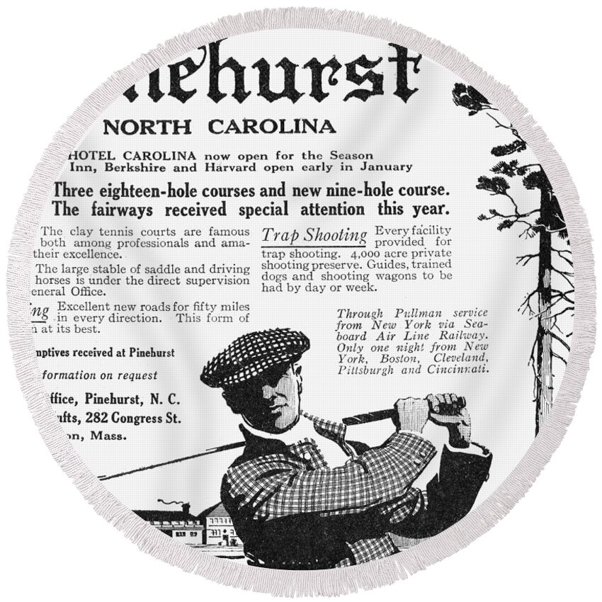 1916 Round Beach Towel featuring the drawing Pinehurst Ad, 1916 by Granger
