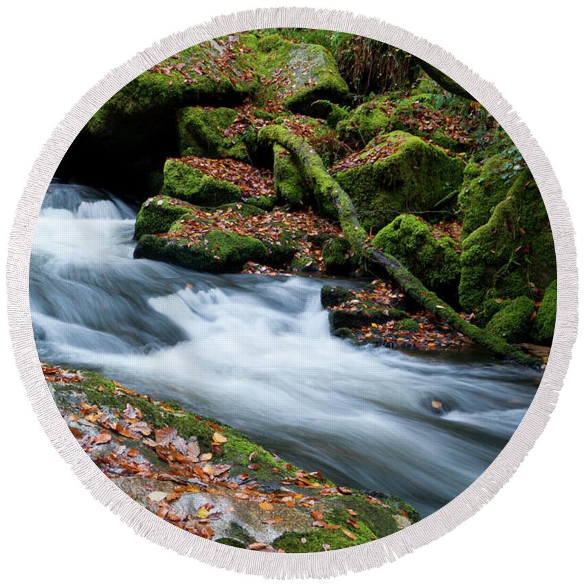 Blurry Water Round Beach Towel featuring the photograph Golitha Falls iv by Helen Jackson