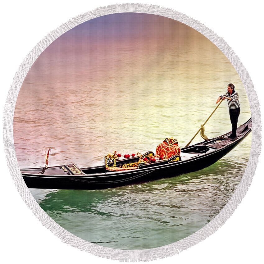 Adriatic Round Beach Towel featuring the photograph Gondolier by Maria Coulson