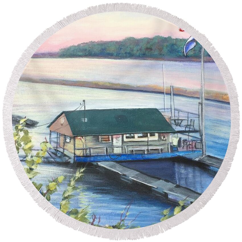 Washington Missouri Washmo Riverfront Boathouse Boatclub Acrylic Painting Augusta Missouri Plein Air Event Gallery Sunset Boat River House Building Landscape Waterscape Water View View Clouds Blue Pink Sunset Washington Sunset Painting Print Decour Art Original Brush Strokes Wet Paint Lovely Flag American Flag Scene Folk Art Award Winning Best Round Beach Towel featuring the painting Gone Fishing by Manuela Woolsey
