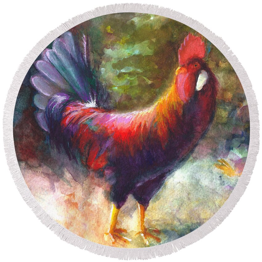 Rooster Round Beach Towel featuring the painting Gonzalez the Rooster by Talya Johnson
