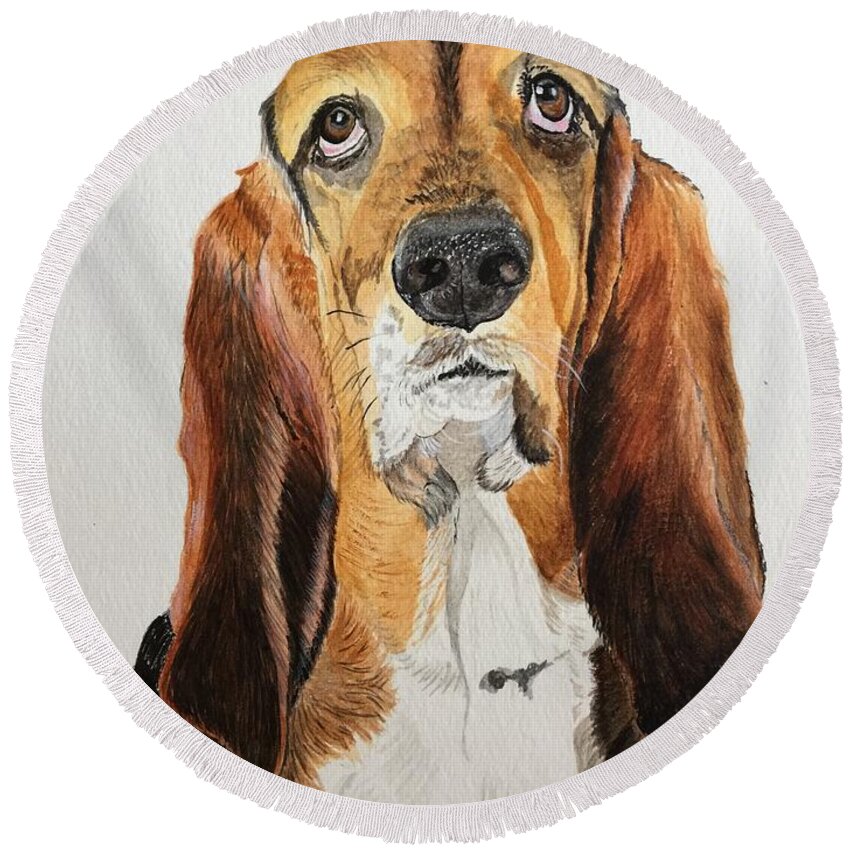 Basset Hound Round Beach Towel featuring the painting Good Grief by Sonja Jones