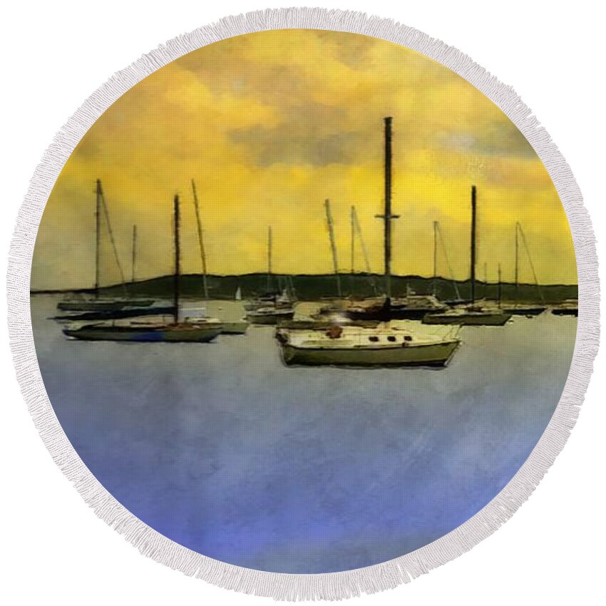Sailboats Round Beach Towel featuring the painting Goodnight, Nantucket by RC DeWinter