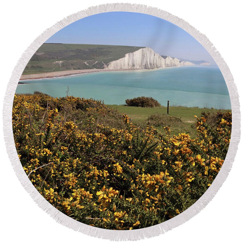 Fabulous Spring Sunshine Round Beach Towel featuring the photograph Gorse and Seven Sisters by Julia Gavin