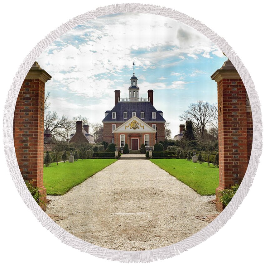 Virginia Round Beach Towel featuring the photograph Governor's Palace in Williamsburg, Virginia by Nicole Lloyd