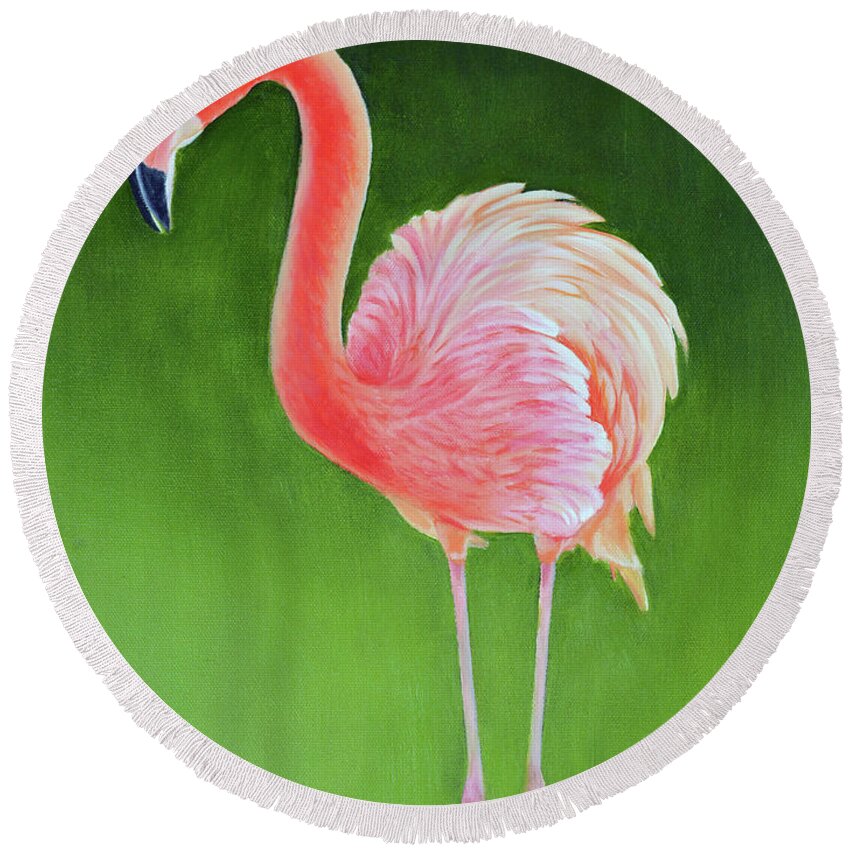 Graceful Flamingo Round Beach Towel featuring the painting Graceful Flamingo by Jimmie Bartlett