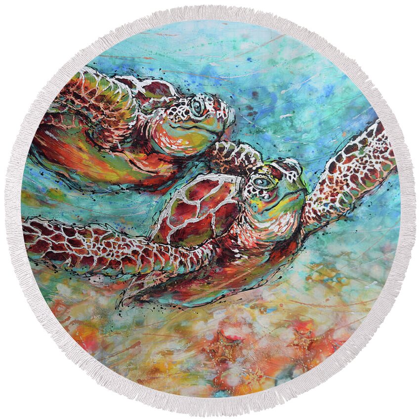 Marine Turtles Round Beach Towel featuring the painting Sea Turtle Buddies by Jyotika Shroff