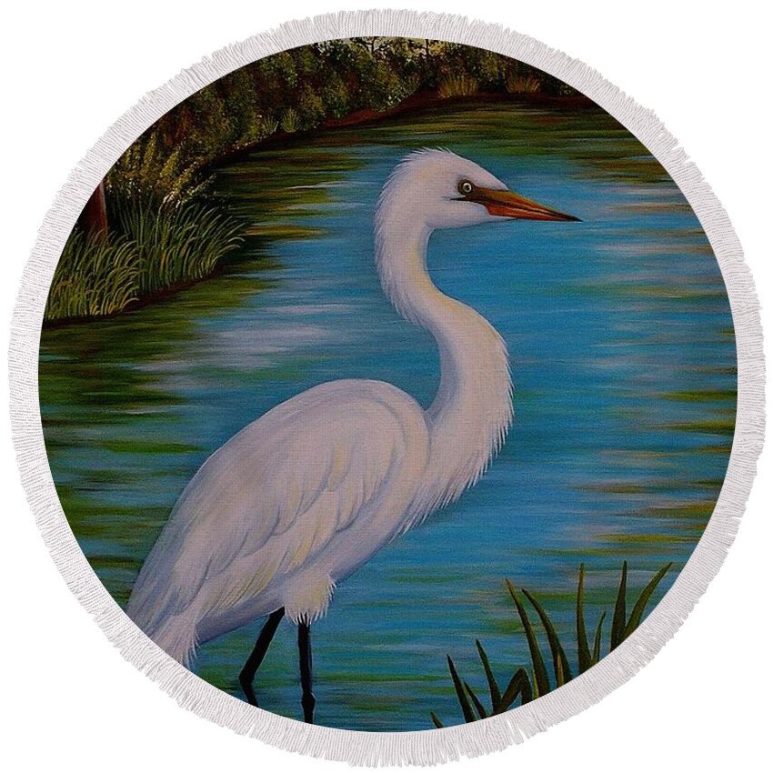 Egret Round Beach Towel featuring the painting Gracefully Waiting by Valerie Carpenter