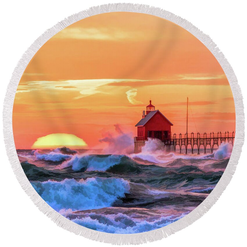 Grand Haven Round Beach Towel featuring the painting Grand Haven Lighthouses by Christopher Arndt
