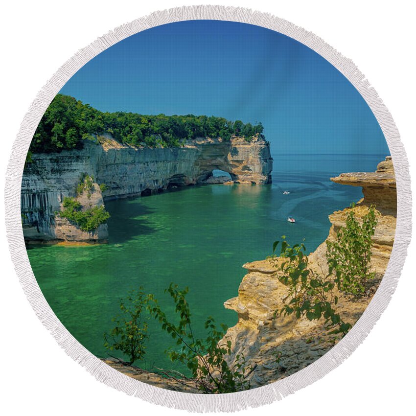 Pictured Rocks National Lakeshore Round Beach Towel featuring the photograph Grand Portal Point by Gary McCormick