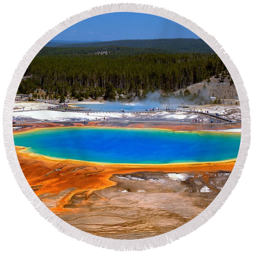 Grand Prismatic Round Beach Towel featuring the photograph Grand Prismatic Overlook by Adam Jewell