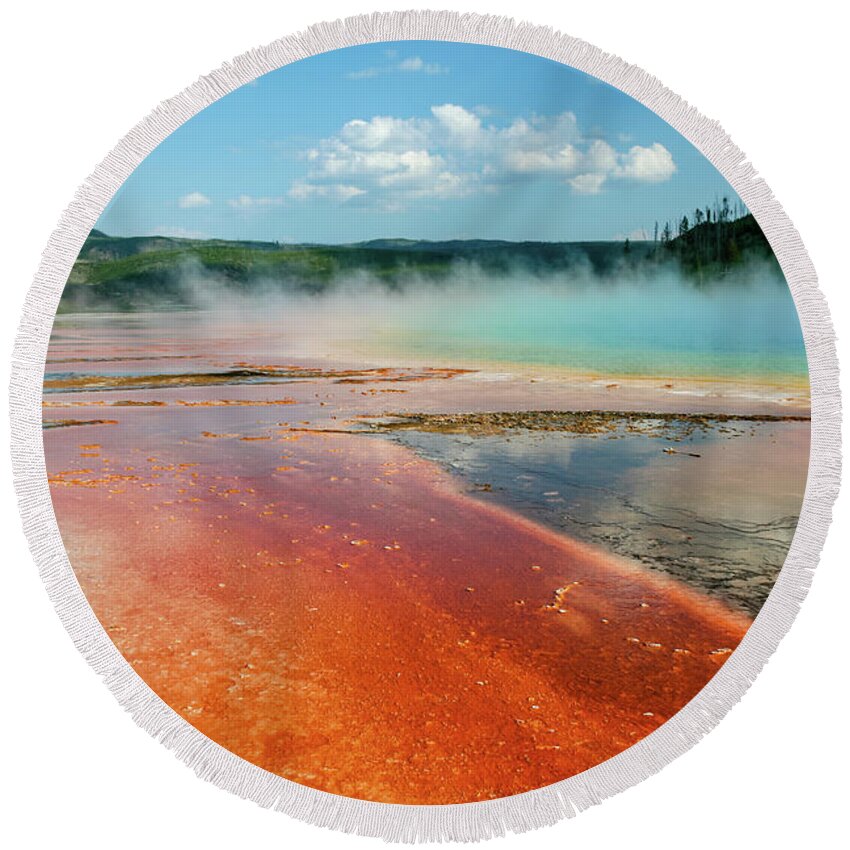 Yellowstone Round Beach Towel featuring the photograph Grand Prismatic Spring, Yellowstone by Aashish Vaidya