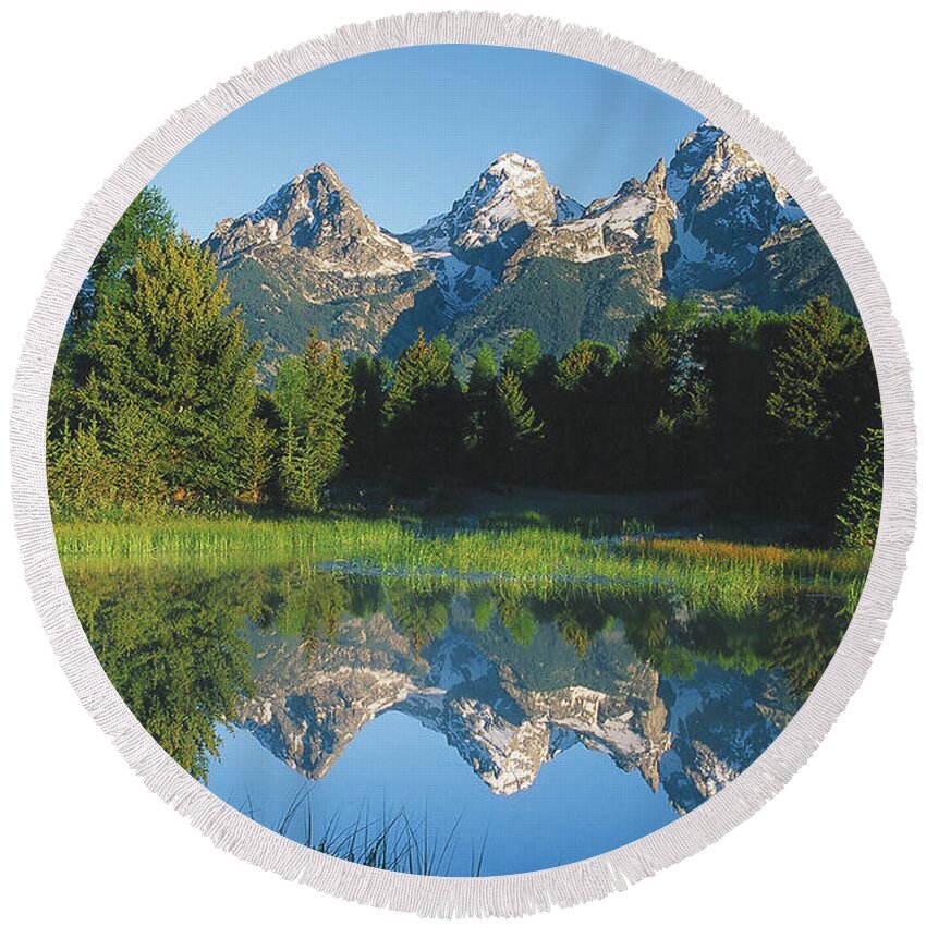 Grand Round Beach Towel featuring the photograph Grand Tetons Reflection Near Schwabacher by Ted Keller