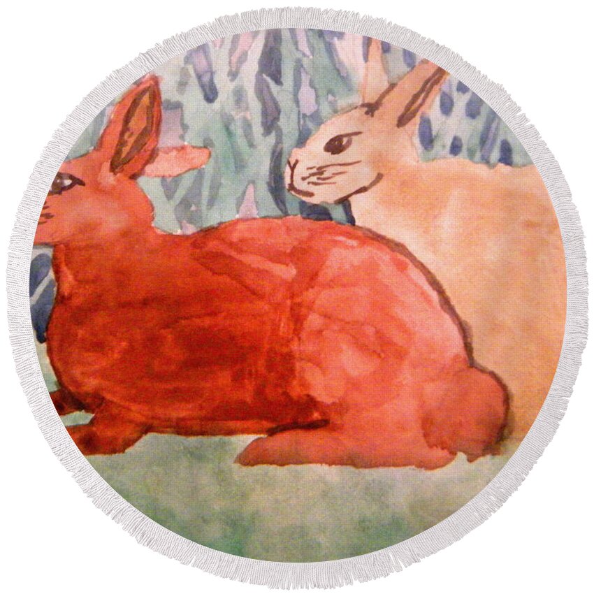 Landscapes Round Beach Towel featuring the painting Grandma's Bunnies by Mira Patterson
