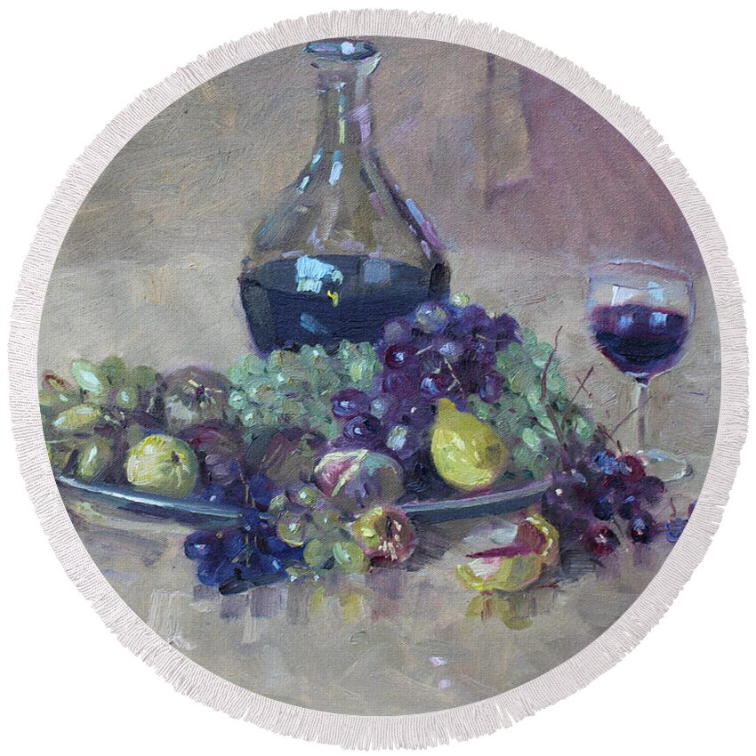 Grape Round Beach Towel featuring the painting Grape and Wine by Ylli Haruni