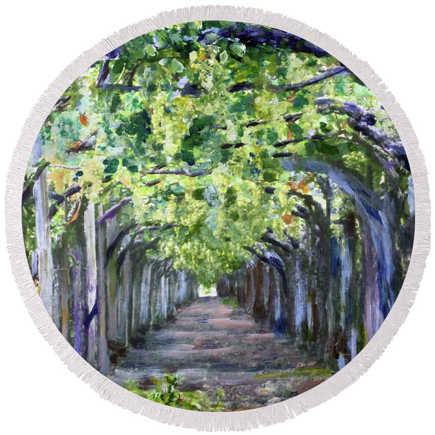 Art Round Beach Towel featuring the painting Grape Arbor by Donna Walsh