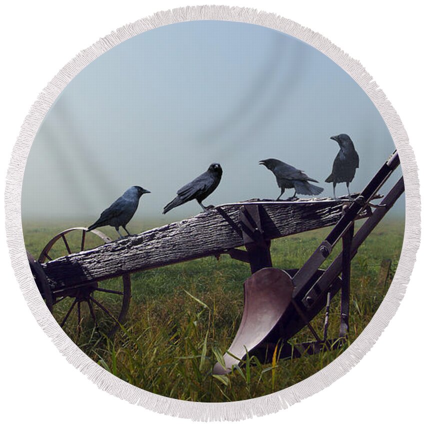 Birds Round Beach Towel featuring the digital art Gratitude Of The Crows by M Spadecaller