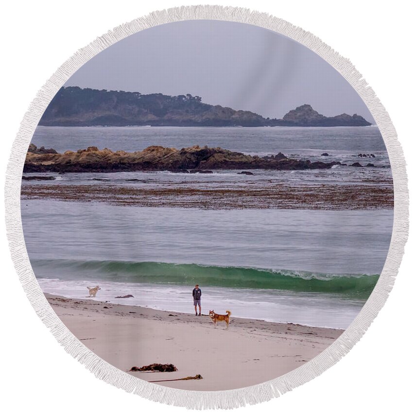 Carmel Round Beach Towel featuring the photograph Gray Morning on Carmel Beach by Derek Dean
