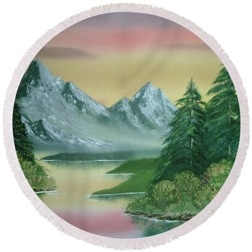 Bright Sky Round Beach Towel featuring the painting Gray Mountains by Jim Saltis