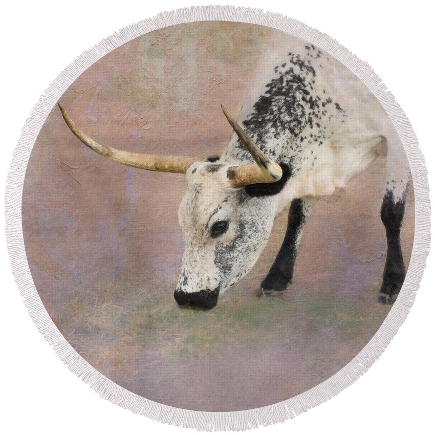 Texas Longhorn Round Beach Towel featuring the photograph Grazing by Betty LaRue