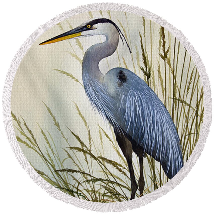 Great Blue Heron. Great Blue Heron Painting Round Beach Towel featuring the painting Great Blue Heron Shore by James Williamson