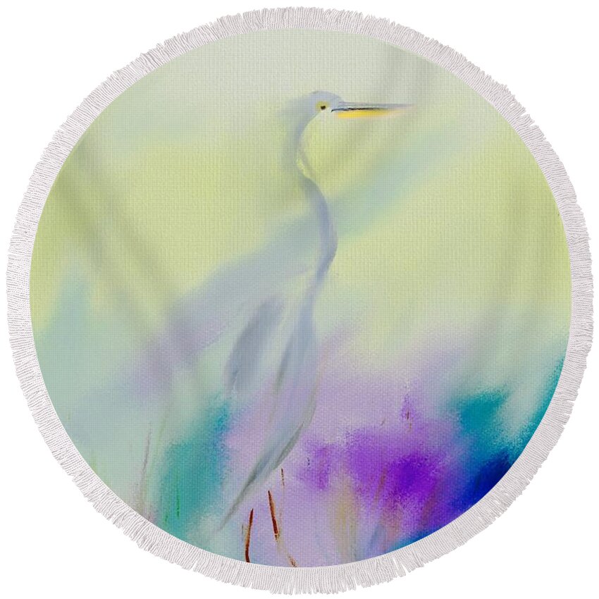 Ipad Painting Round Beach Towel featuring the digital art Great Blue Heron Sillouette Abstract by Frank Bright