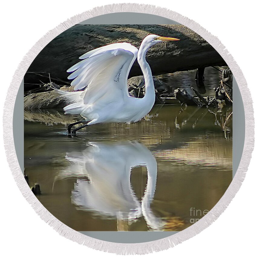 Egret Round Beach Towel featuring the photograph Great Egret Lifting Off by DB Hayes