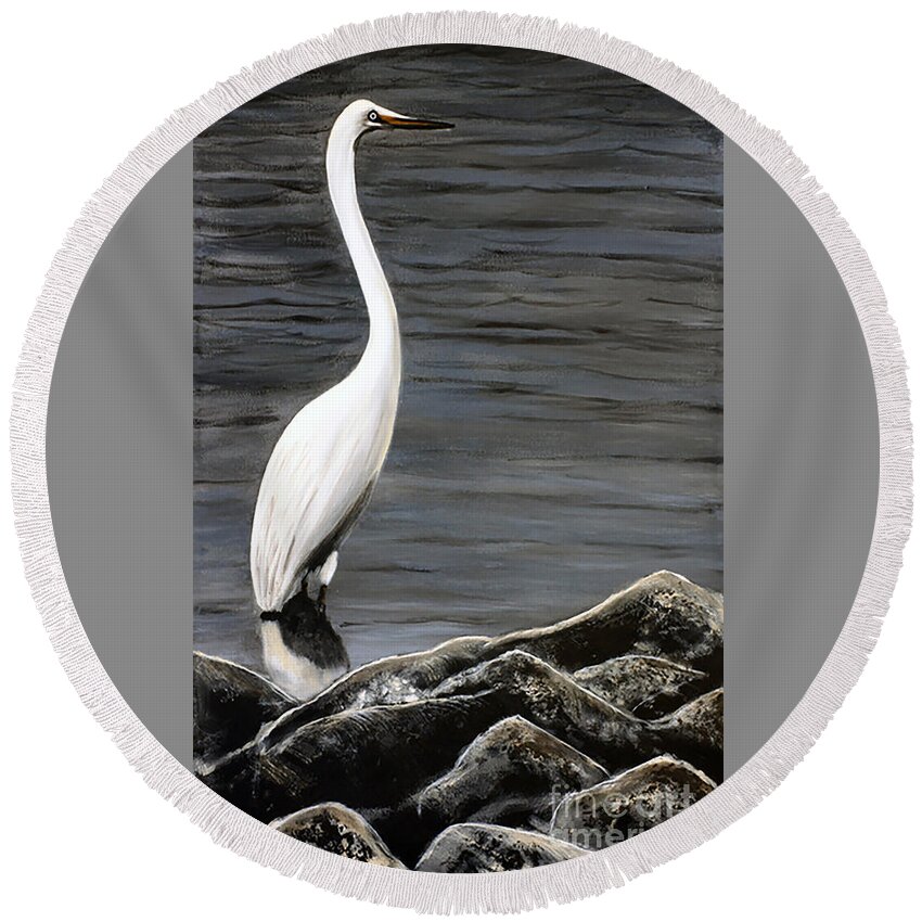 Egret Round Beach Towel featuring the painting Great Egret by Patrick Dablow