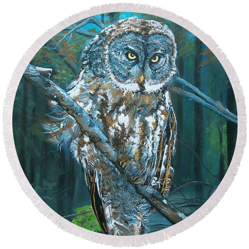 Great Grey Owl Round Beach Towel featuring the painting Great Grey Owl by Sharon Duguay