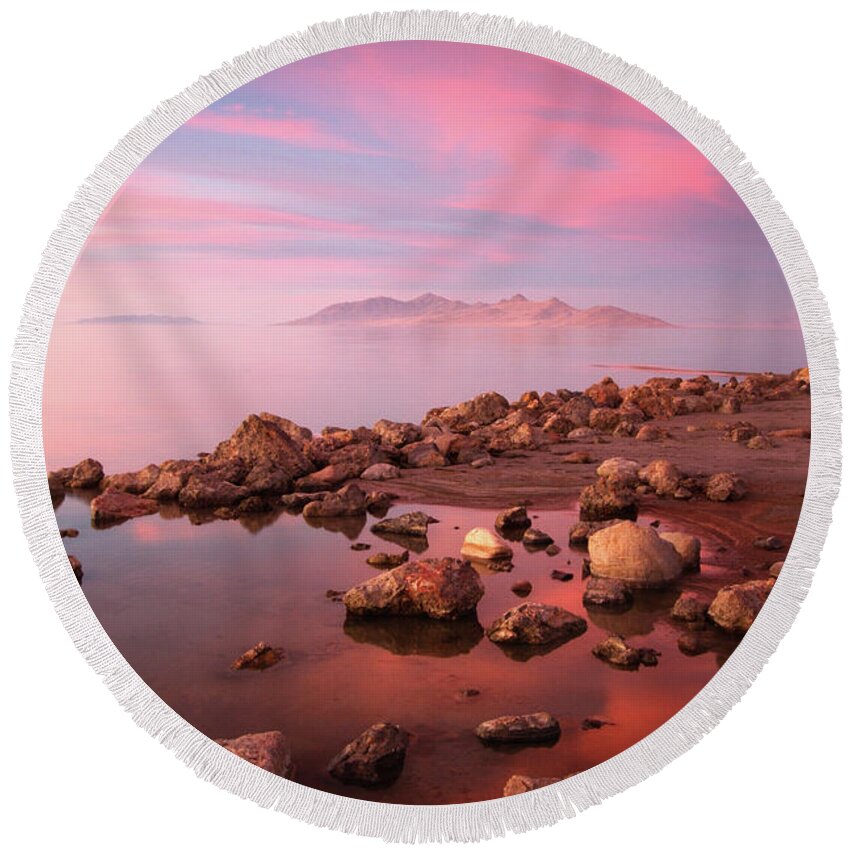 Utah Round Beach Towel featuring the photograph Great Salt Lake and Antelope Island Sunset by Brett Pelletier