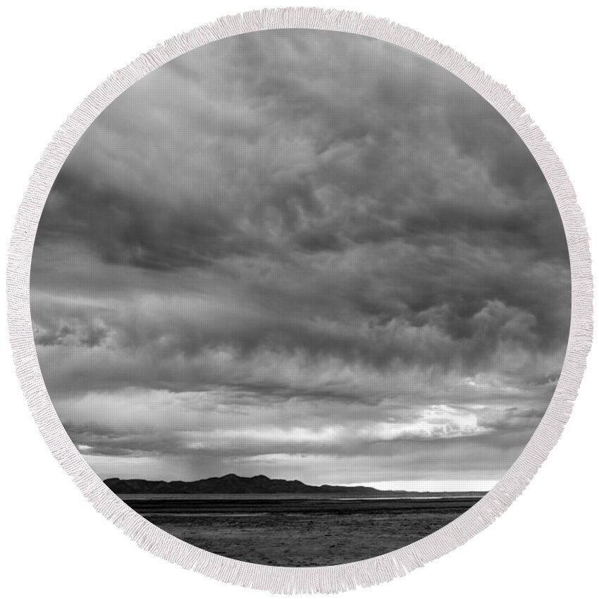 Great Salt Lake Round Beach Towel featuring the photograph Great Salt Lake Clouds at Sunset - Black and White by Gary Whitton