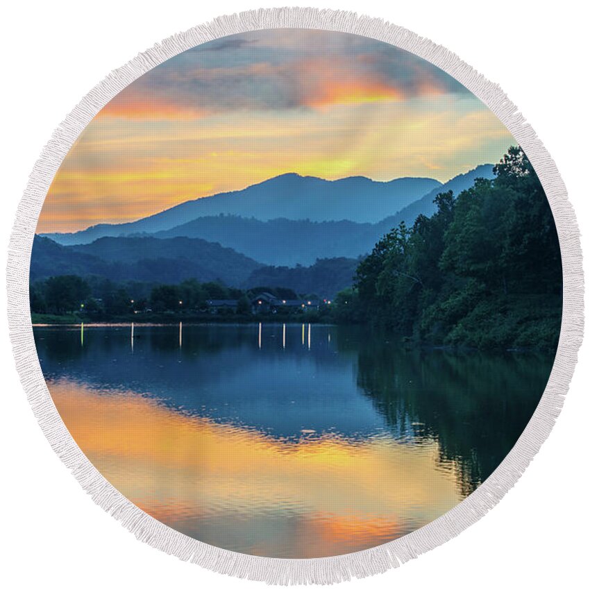 Landscape Round Beach Towel featuring the photograph Great Smoky Mountains NC Lake Junaluska Sunset Reflection by Robert Stephens