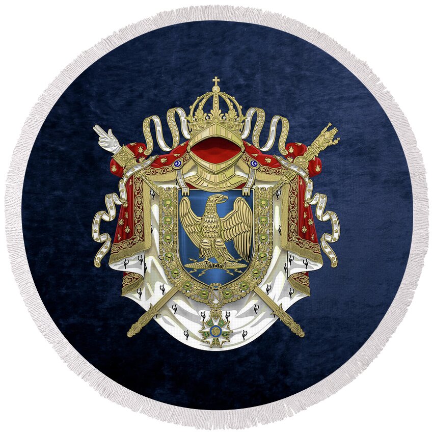 'napoleon Bonaparte' Collection By Serge Averbukh Round Beach Towel featuring the digital art Greater Coat of Arms of the First French Empire over Blue Velvet by Serge Averbukh