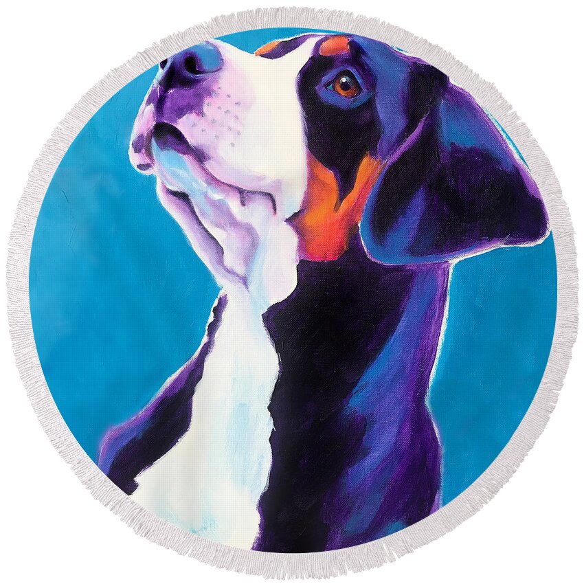 Pet Round Beach Towel featuring the painting Greater Swiss Mountain Dog - Defender by Dawg Painter