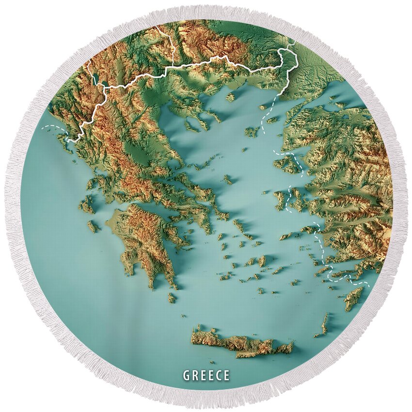 Greece Round Beach Towel featuring the digital art Greece Country 3D Render Topographic Map Border by Frank Ramspott
