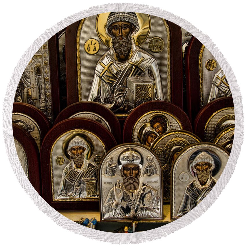 Icons Round Beach Towel featuring the photograph Greek Orthodox Church Icons by David Smith
