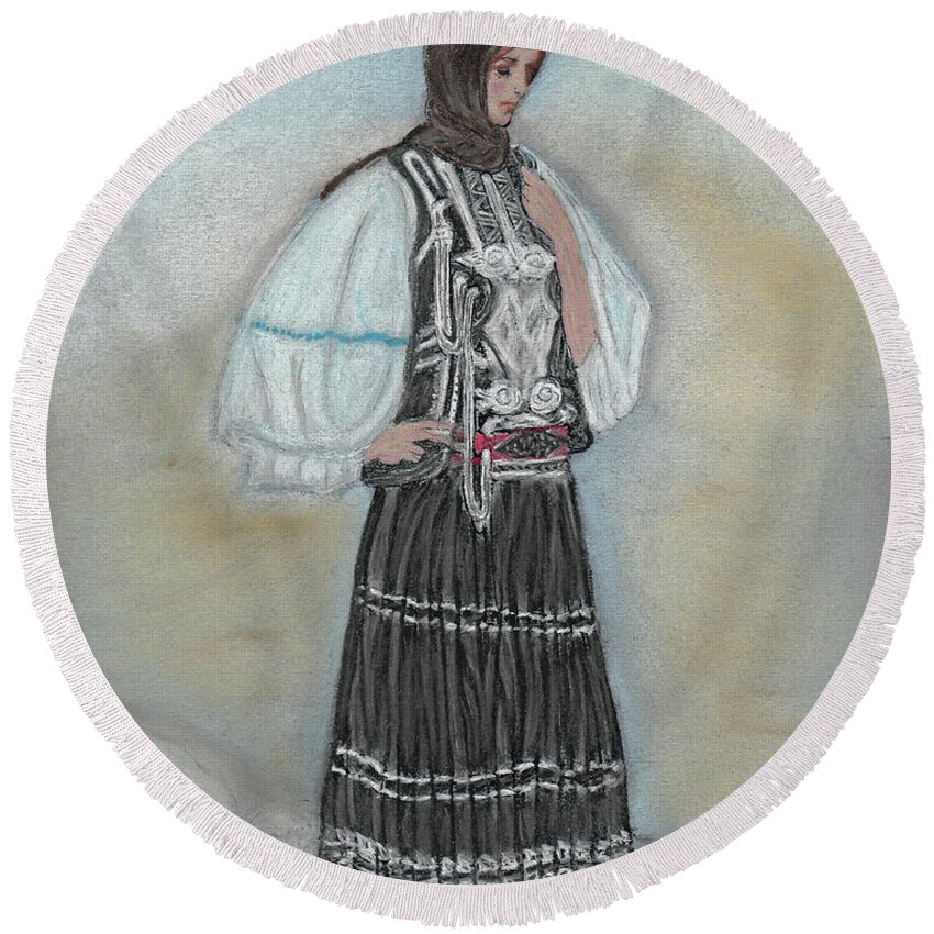 Greek Round Beach Towel featuring the painting Greek peasant girl by William Bowers