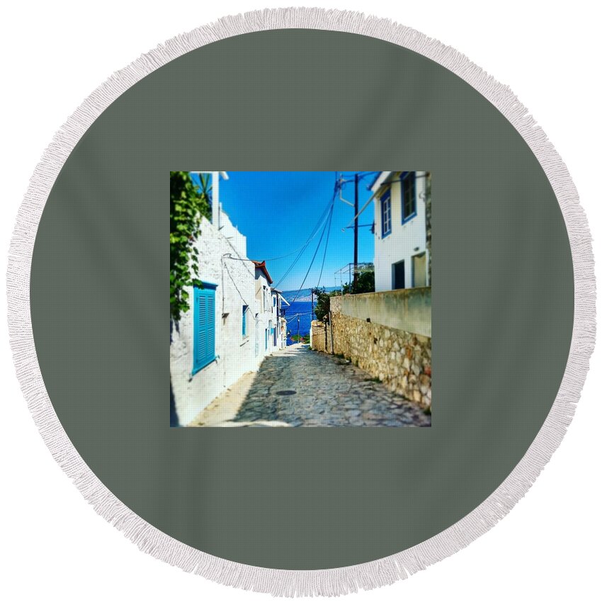  Round Beach Towel featuring the photograph Greek street by Rachel Phillips