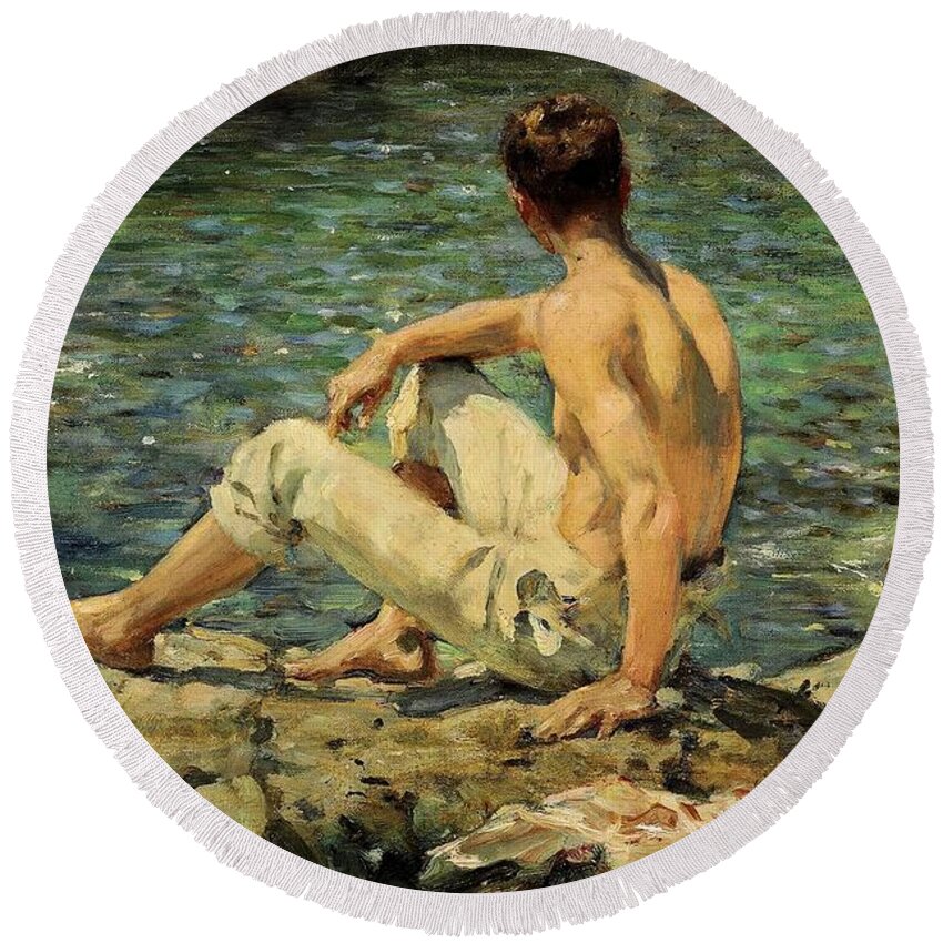 Green And Gold Round Beach Towel featuring the painting Green and Gold by Henry Scott Tuke