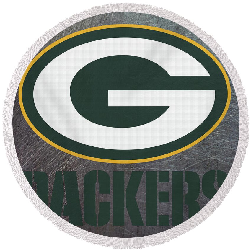 Green Bay Packers Round Beach Towel featuring the mixed media Green Bay Packers on an abraded steel texture by Movie Poster Prints