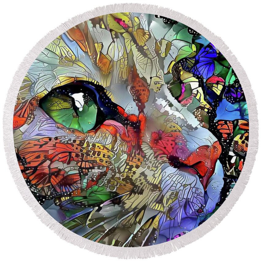 Orange Cat Round Beach Towel featuring the digital art Green Eyed Orange Cat Dreaming by Peggy Collins