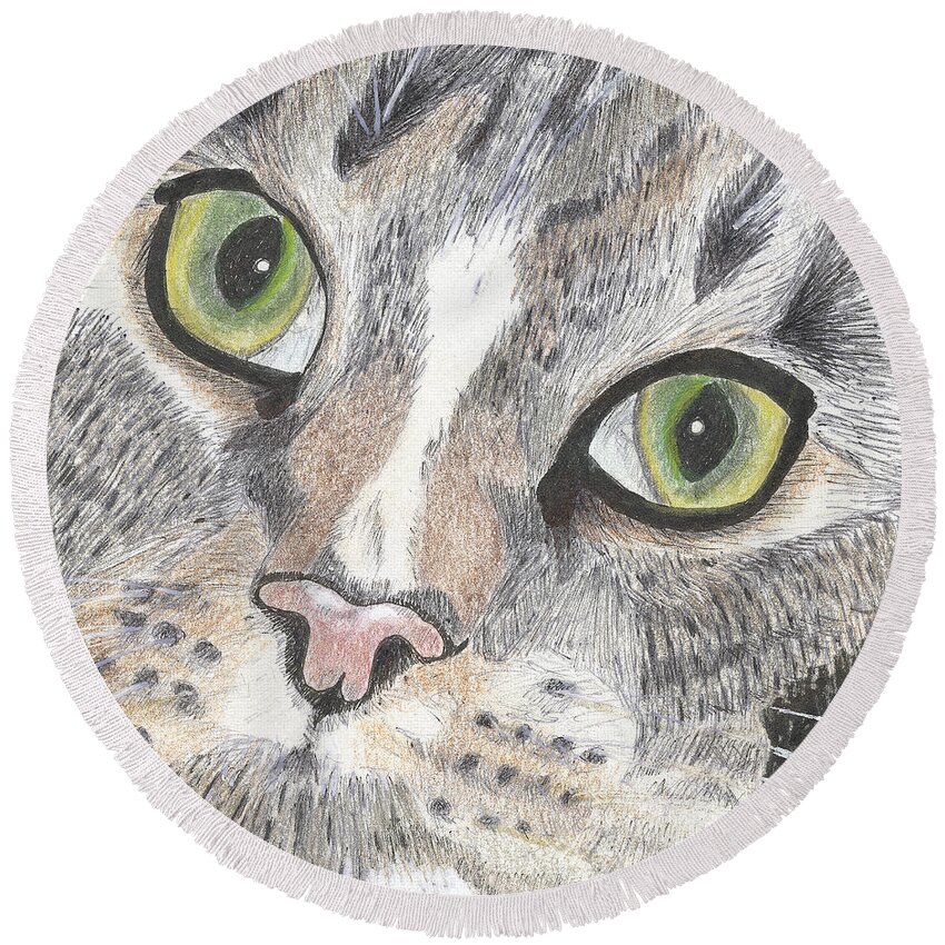 Cat Round Beach Towel featuring the drawing Green Eyes by Arlene Crafton